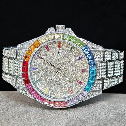 Fashion Gold Quartz Wristwatch for Men with Rainbow Diamonds
