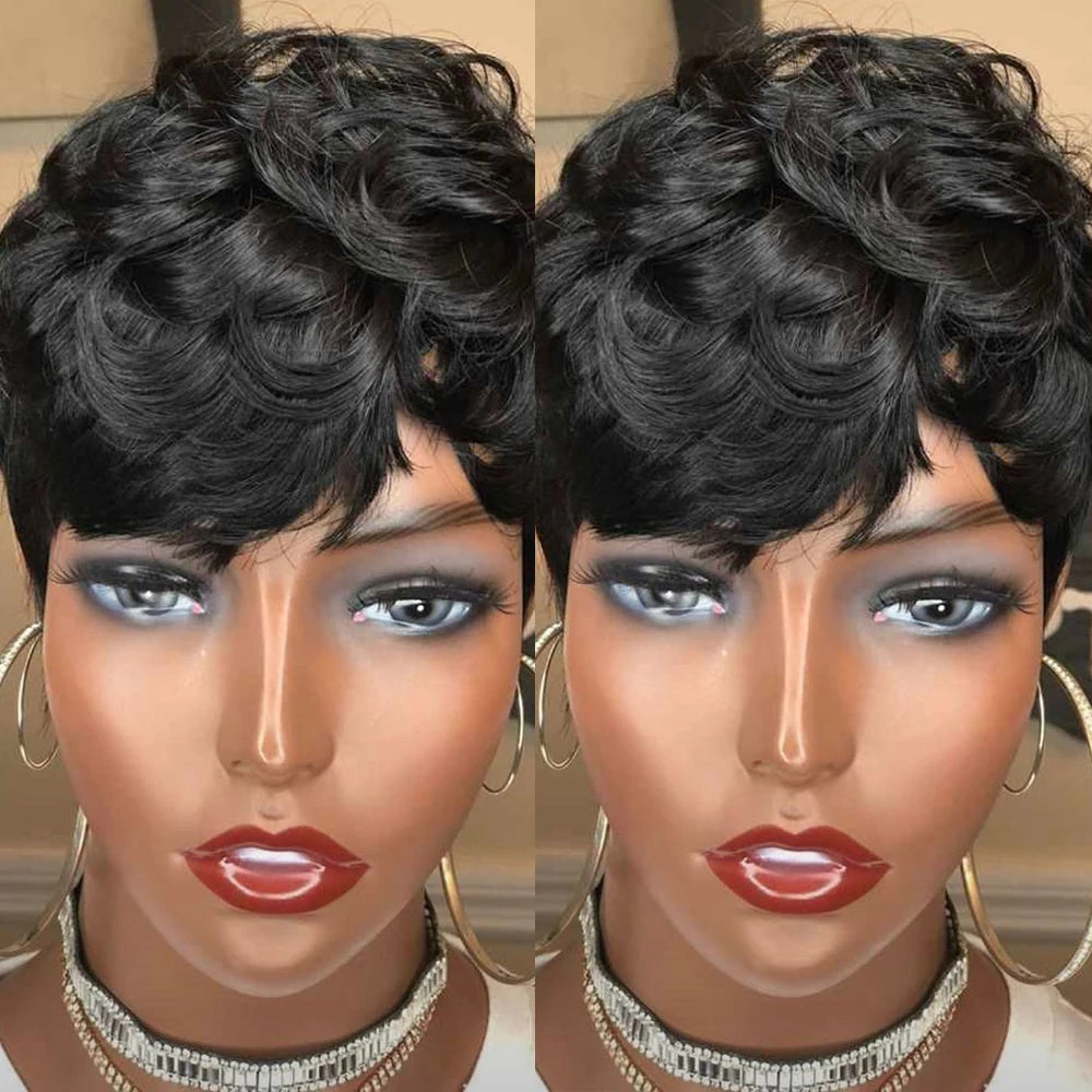 Short Pixie Cut Human Hair Wig with Bangs for Women