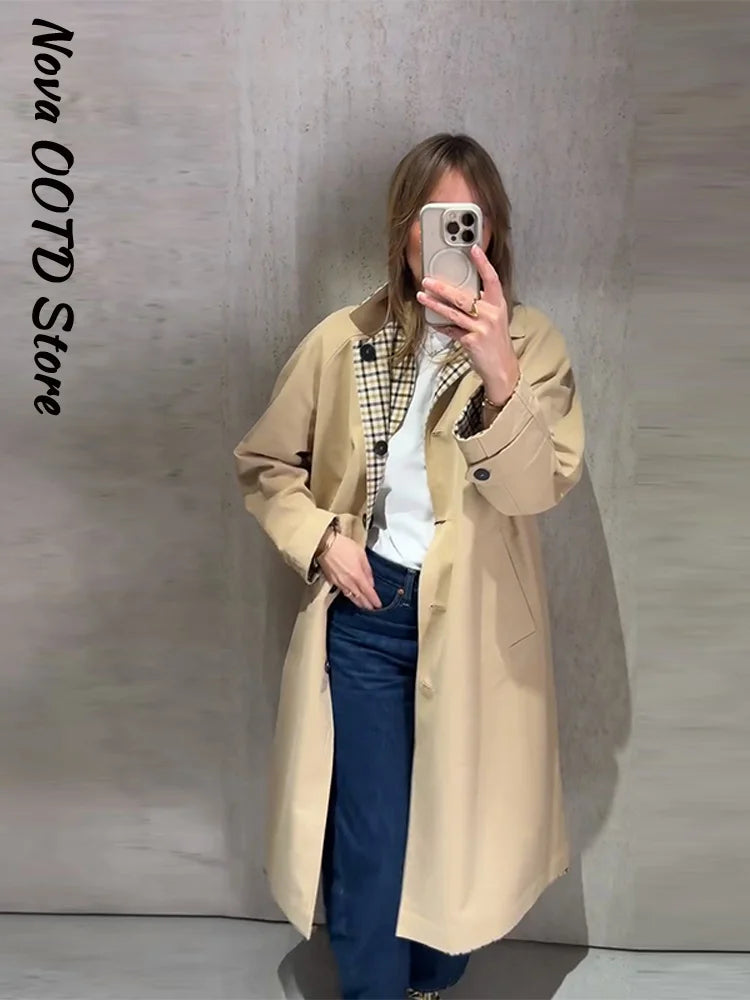 Reversible Plaid Long Trench Coat Women Single Breasted