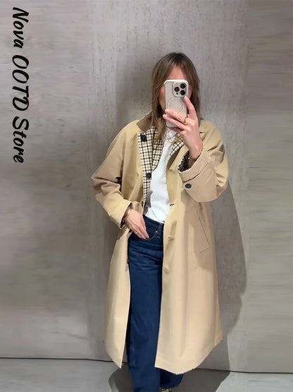 Reversible Plaid Long Trench Coat Women Single Breasted