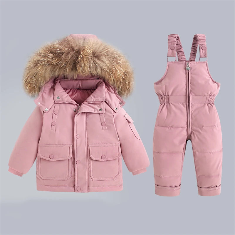 Children's Winter Down Jacket and Jumpsuit Set with Fur Collar