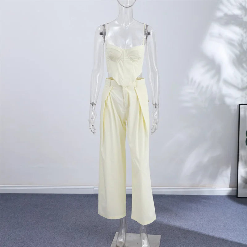 Corset Cami Two Piece Set with Pleated Wide Leg Pants
