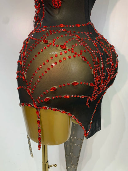 Black Mesh Crystal Diamond Bodycon Dress for Women