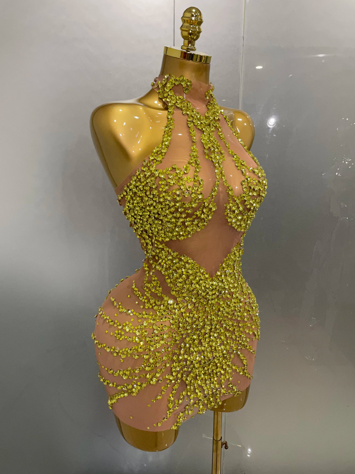 Sparkly Rhinestones Mesh See Through Dress for Women