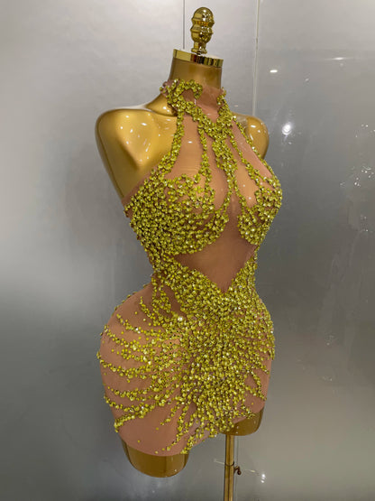 Sparkly Rhinestones Mesh See Through Dress for Women