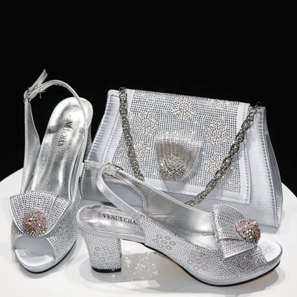 Golden Wedding Shoes And Bag Set With Diamond Decoration