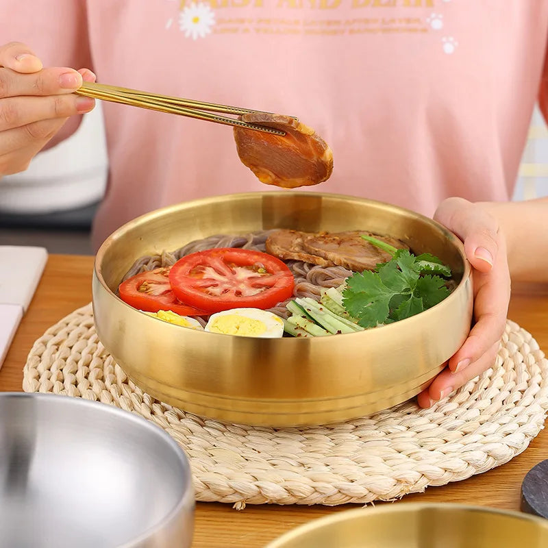 Stainless Steel Double Layer Cold Noodle Bowl Gold Silver