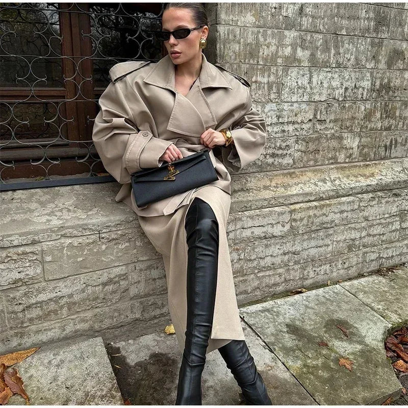 Solid Lace Up Trench Coat Women Full Sleeve Windbreak