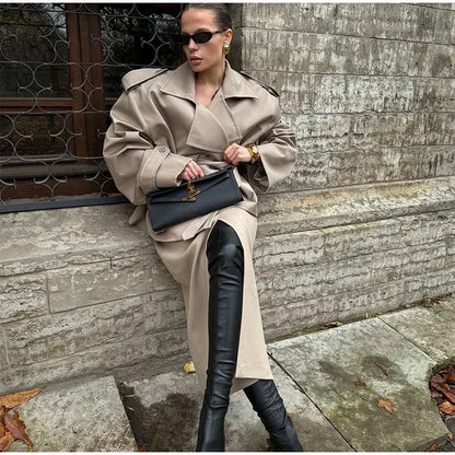 Solid Lace Up Trench Coat Women Full Sleeve Windbreak