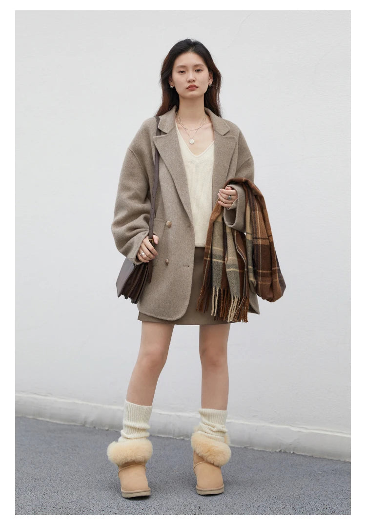 Women's Woolen Double Breasted Jacket Office Lady Outerwear