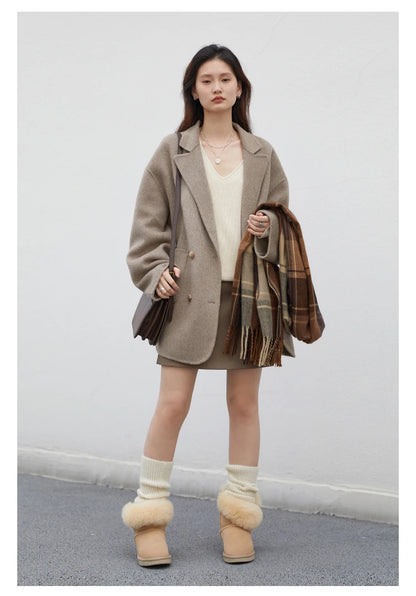 Women's Woolen Double Breasted Jacket Office Lady Outerwear