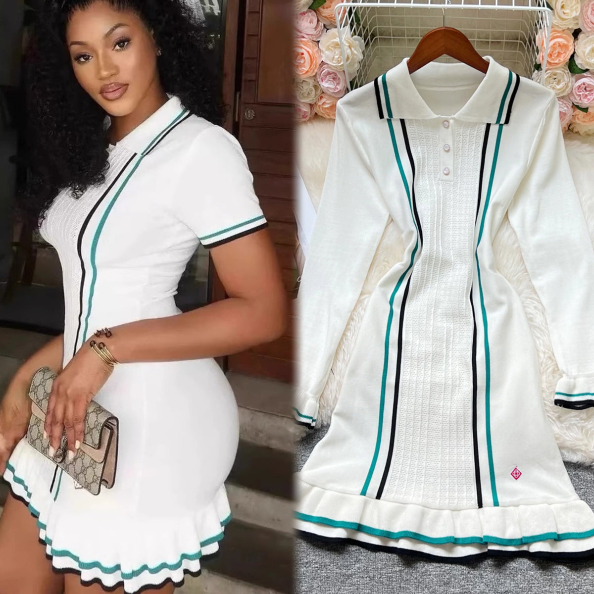 Women Knitted Mini Dress with Ruffles