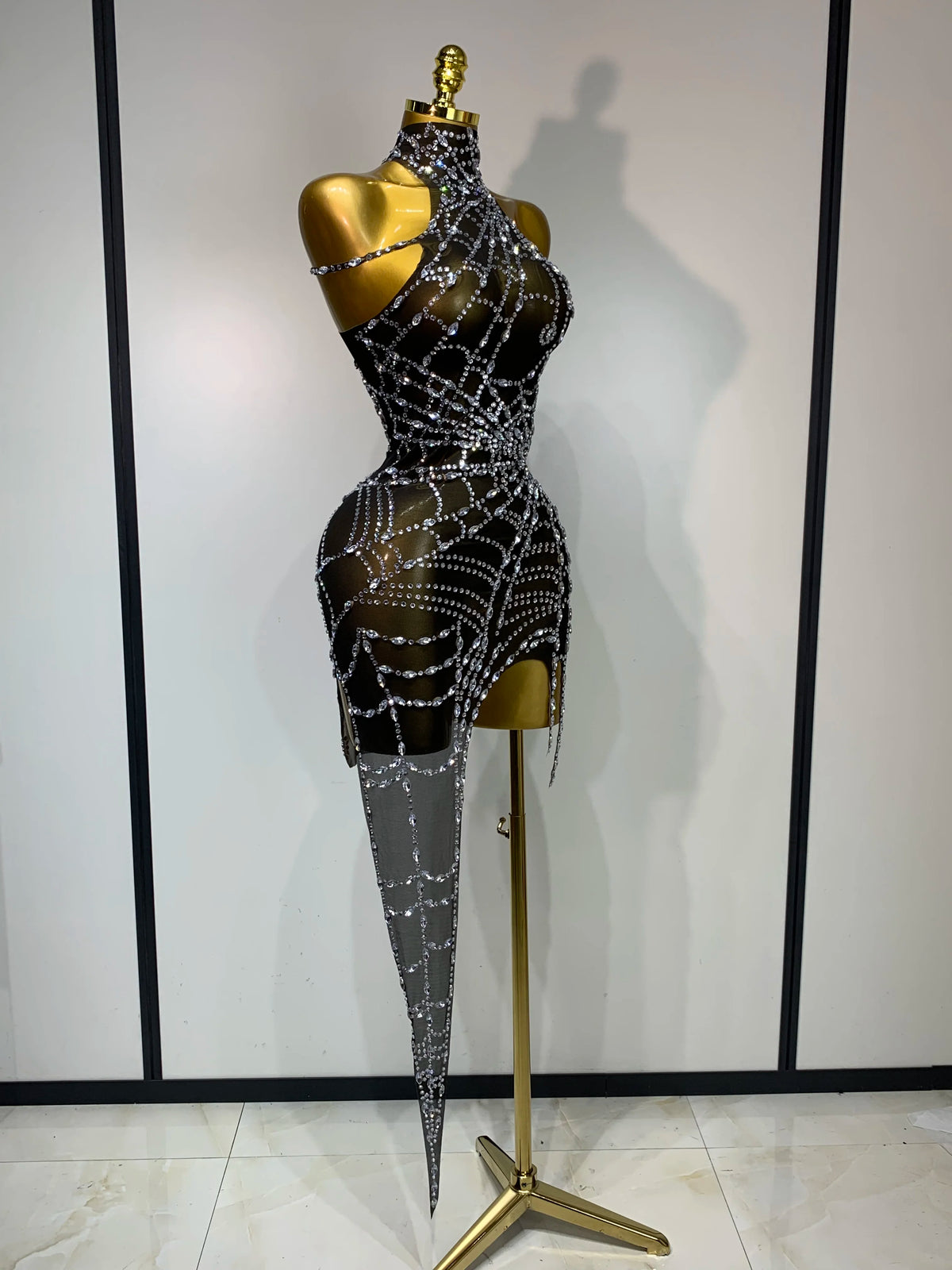 Black Mesh Crystal Diamond Bodycon Dress for Women
