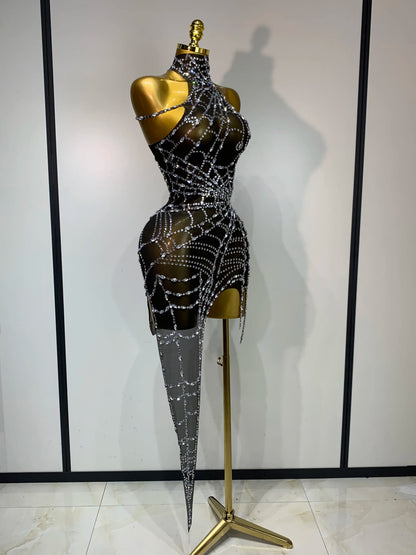 Black Mesh Crystal Diamond Bodycon Dress for Women