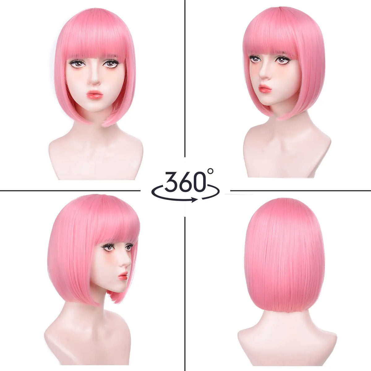 Pink Bob Synthetic Wig with Bangs for Cosplay