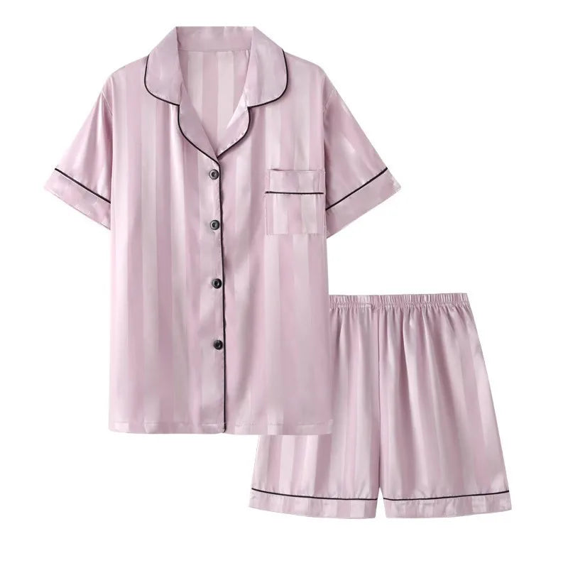 Ice Silk Women's Striped Pajamas Set Short Sleeve