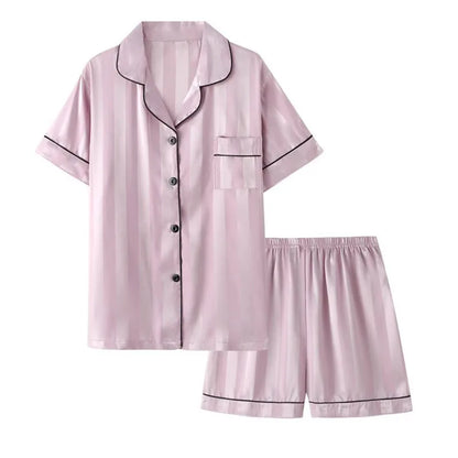Ice Silk Women's Striped Pajamas Set Short Sleeve