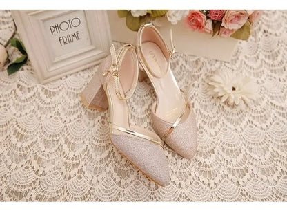 Black High-Heeled Shoes for Women - Silver and Gold