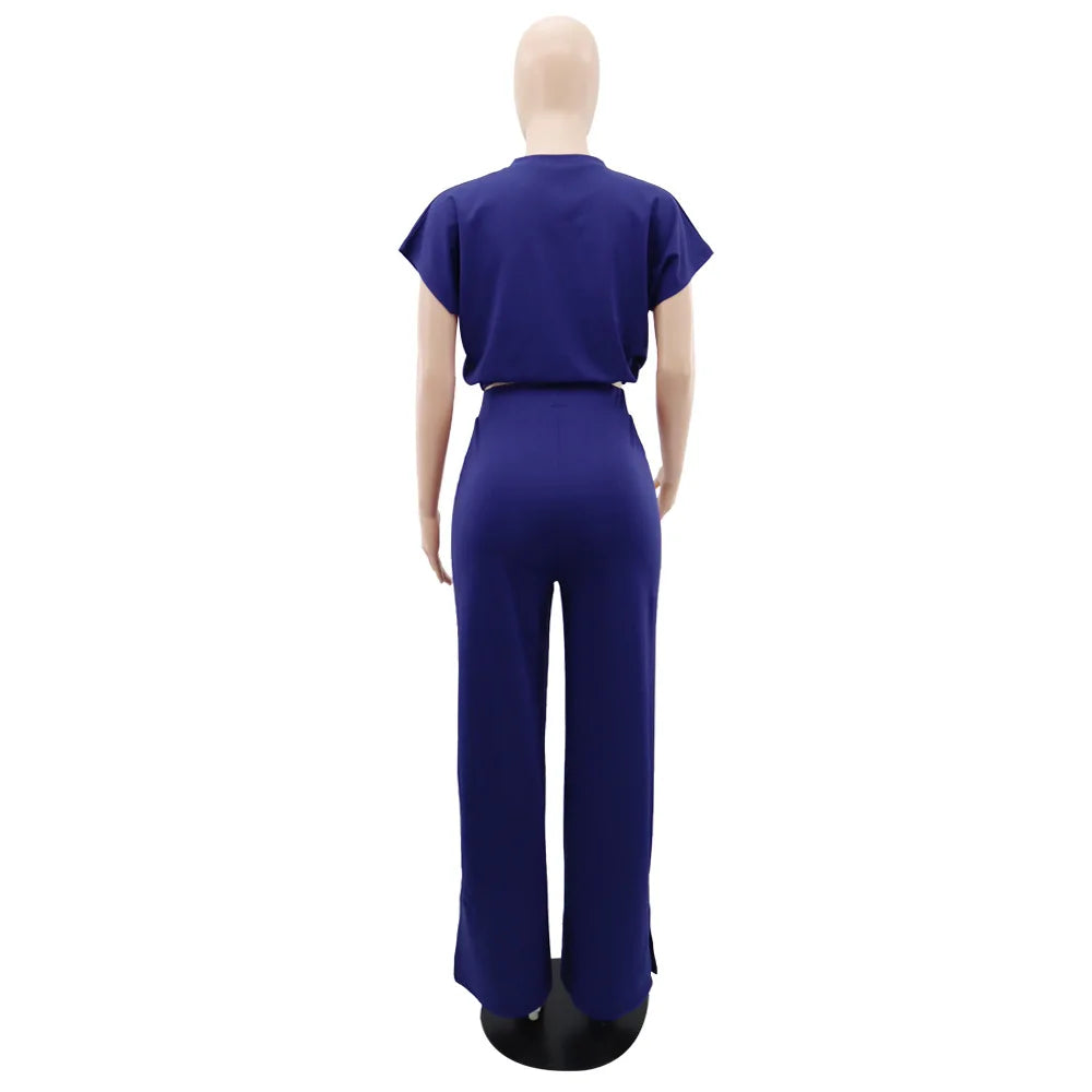 Women Casual Short Sleeve Drawstring Top and High Waist Pants Set
