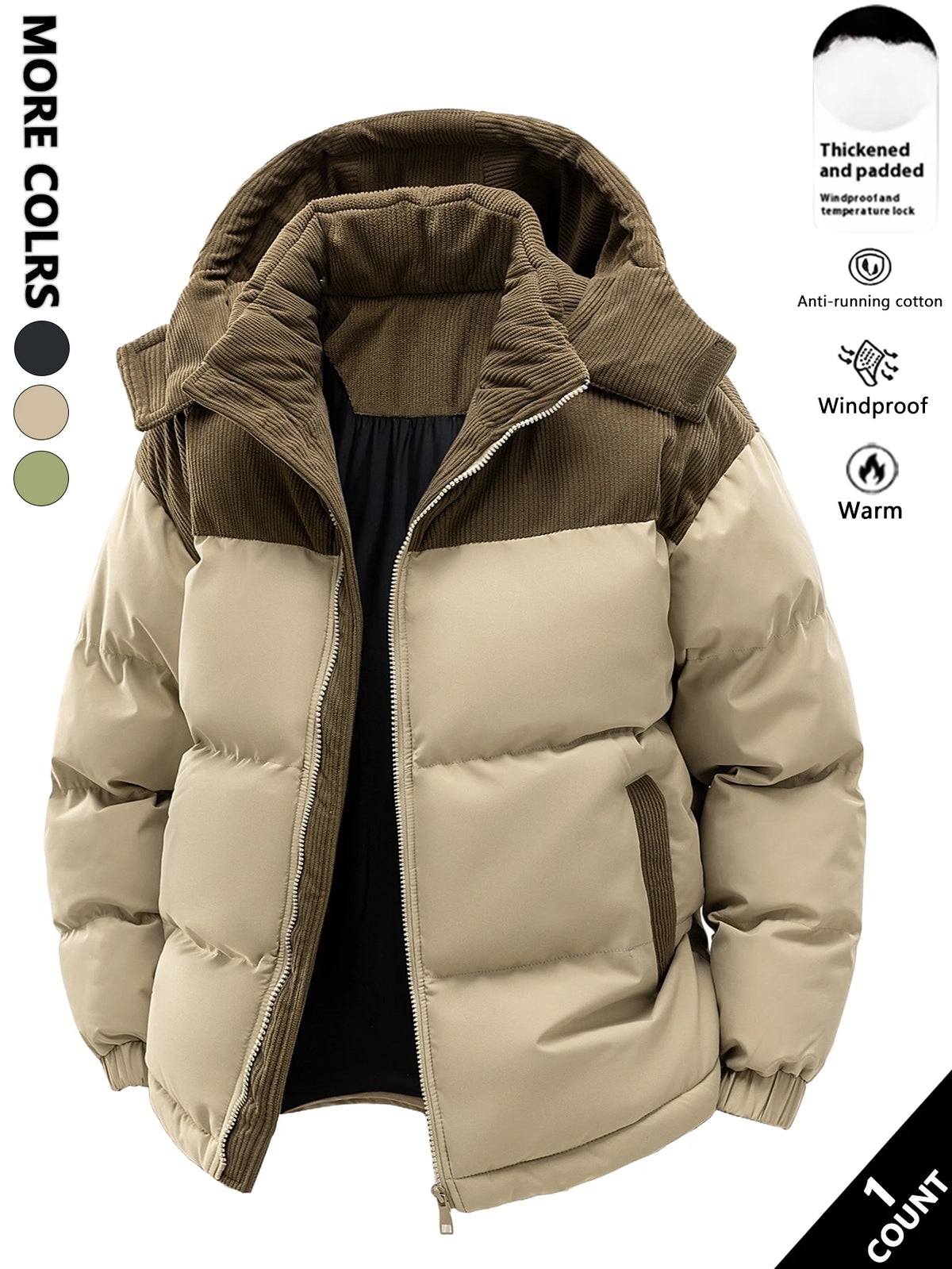 Men's Hooded Cotton Jacket, Windproof and Warm