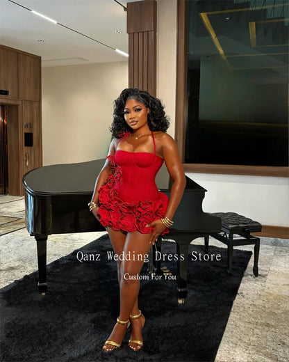 Red Satin Halter Neck Mini Prom Dress with Ruffles
