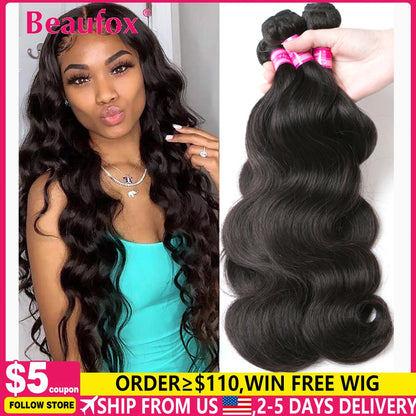 Beaufox Body Wave Brazilian Hair Weave Bundles 8-32 Inch Jet Black