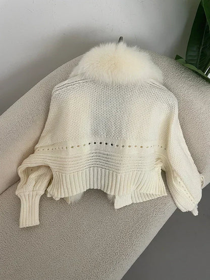 Knitted Cardigan Coat for Women with Real Fox Fur