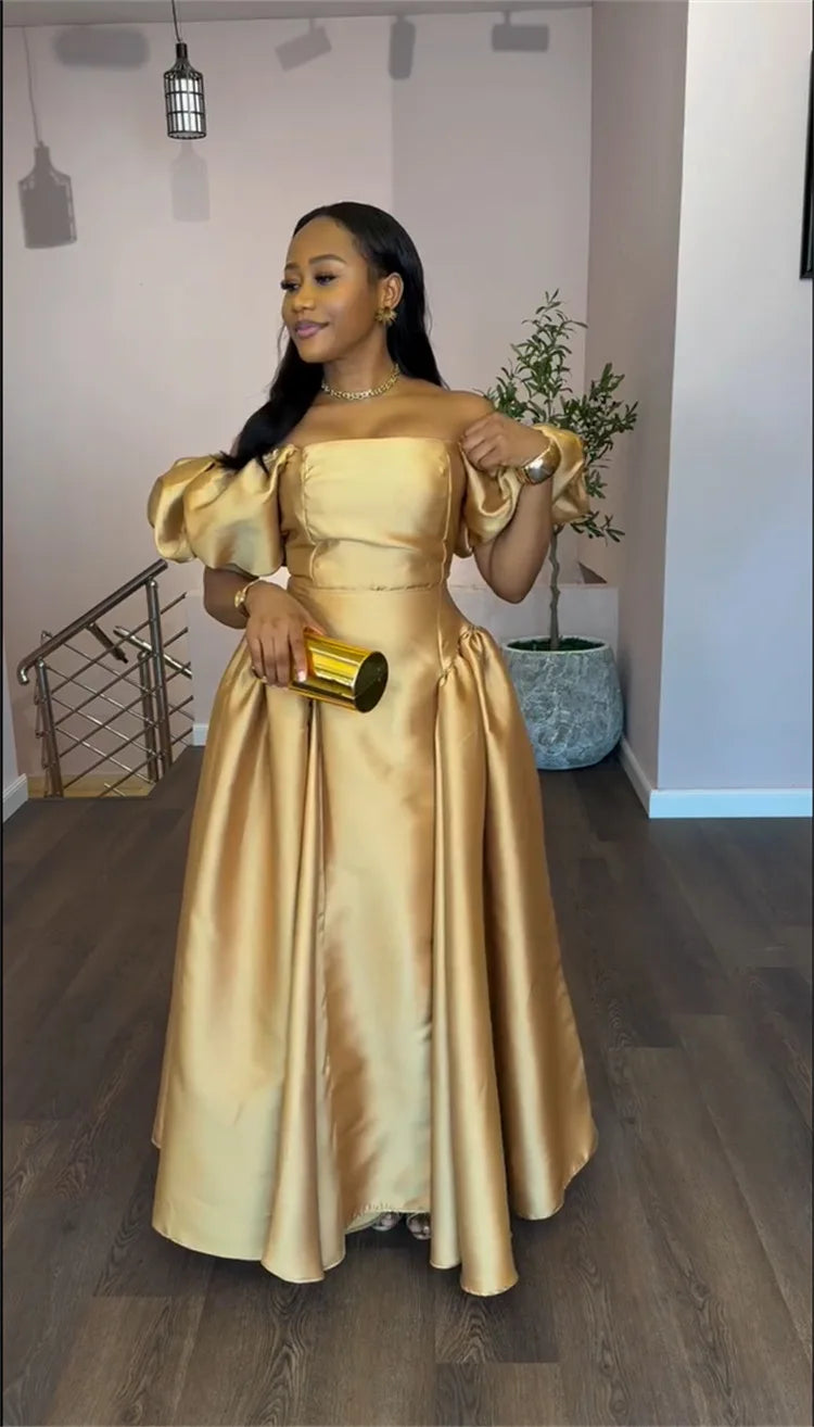Gold Solid A-line Maxi Dress with Puff Sleeves