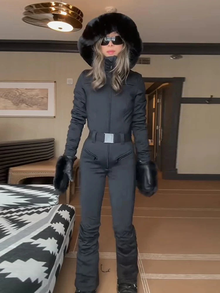 Fur-Trimmed Hooded One-Piece Ski Suit for Women