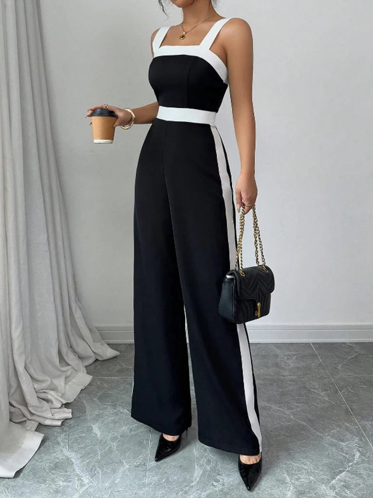 Women's Black White Square Neck Jumpsuit Polyester