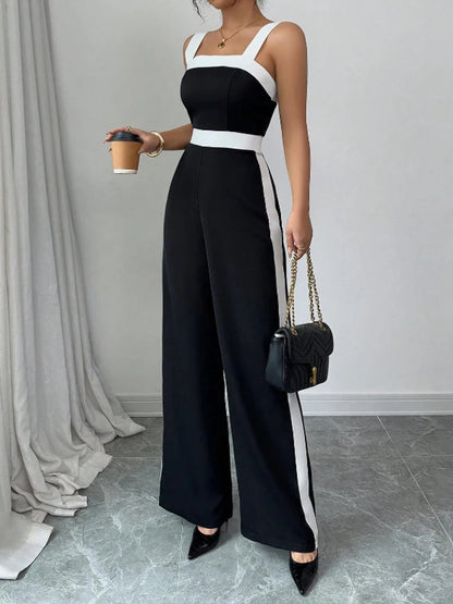 Women's Black White Square Neck Jumpsuit Polyester