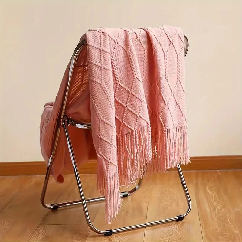 Khaki Knitted Acrylic Blanket with Tassels