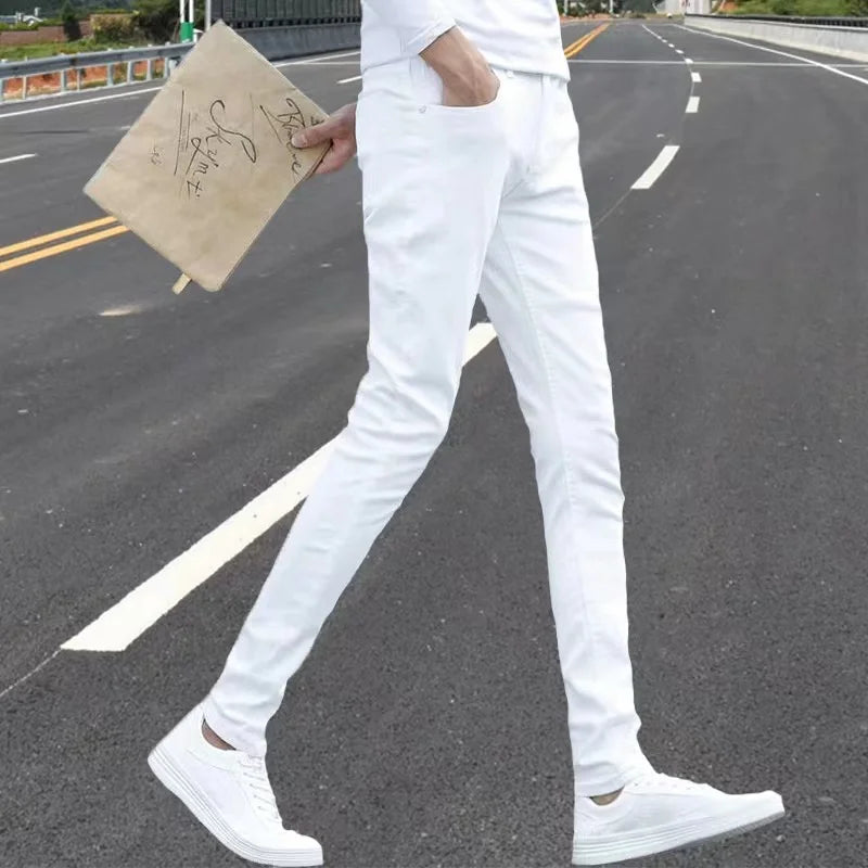 Mens Slim Fit Denim Pencil Pants Black White Stretch Jeans