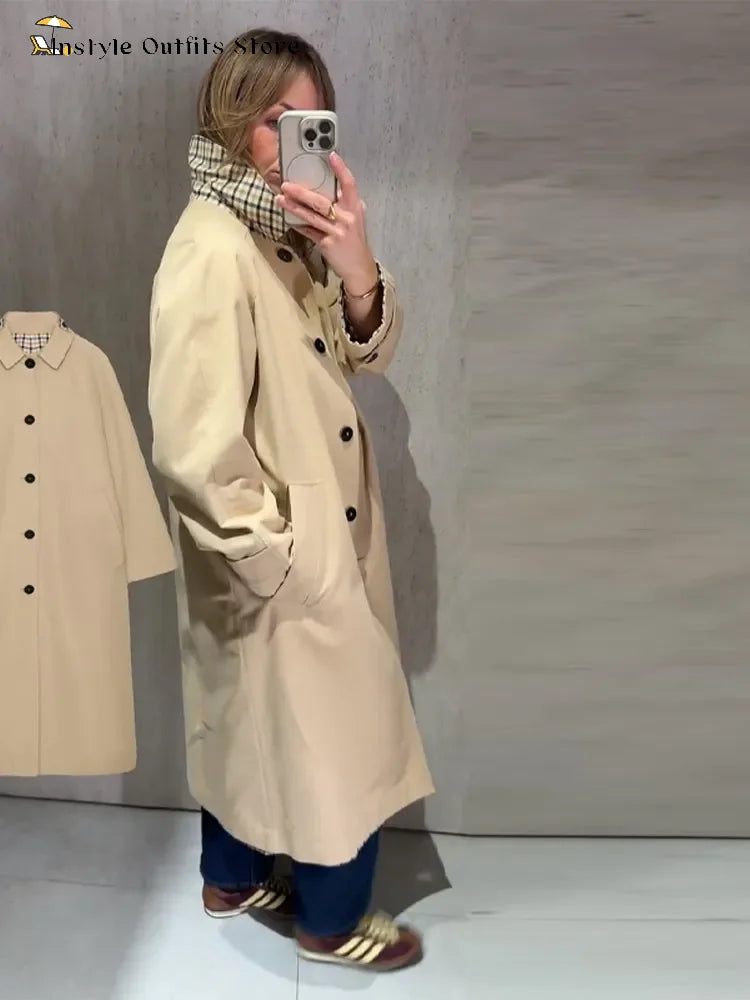 Double-Sided Long Trench Coat for Women with Pockets