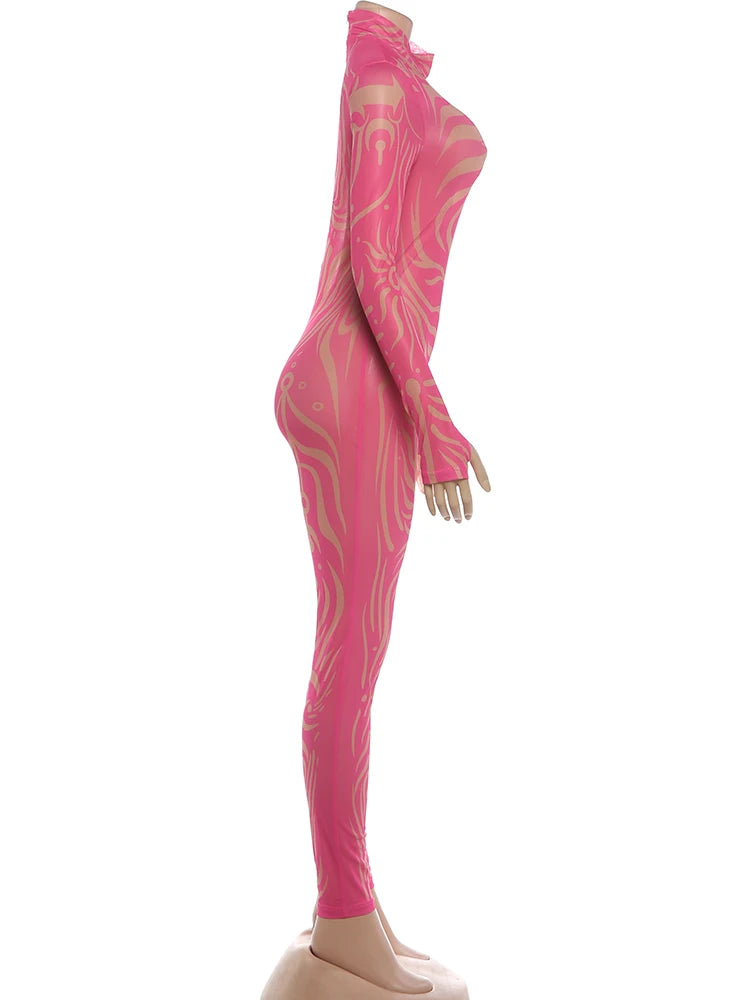 Striped Print Turtleneck Jumpsuit for Women