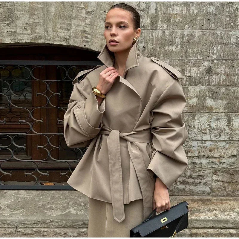 Solid Lace Up Trench Coat Women Full Sleeve Windbreak
