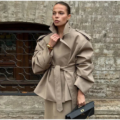 Solid Lace Up Trench Coat Women Full Sleeve Windbreak