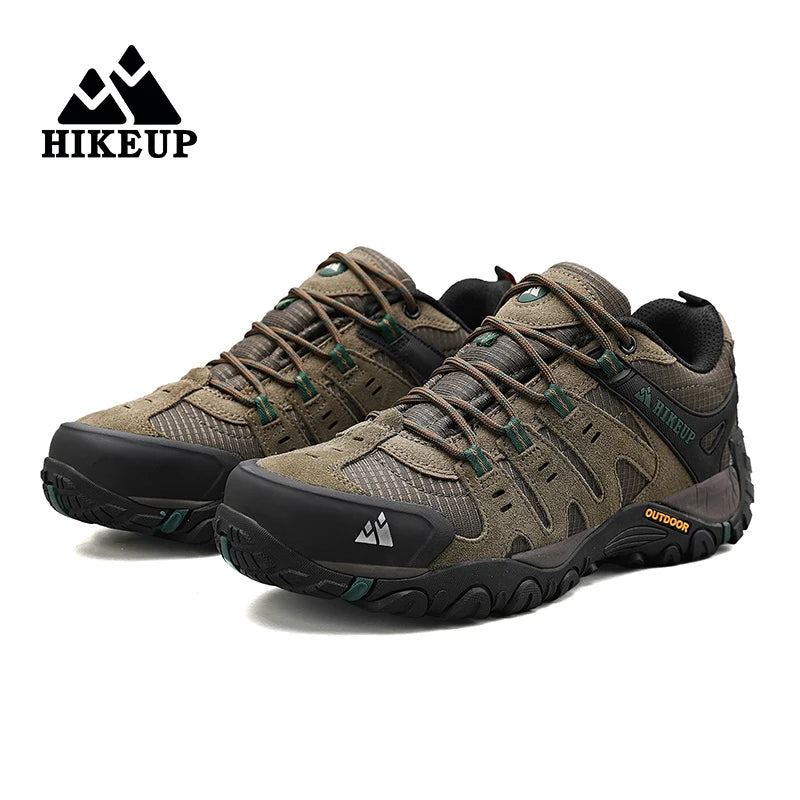 HIKEUP Men's Suede Leather Hiking Shoes Black Gray Khaki