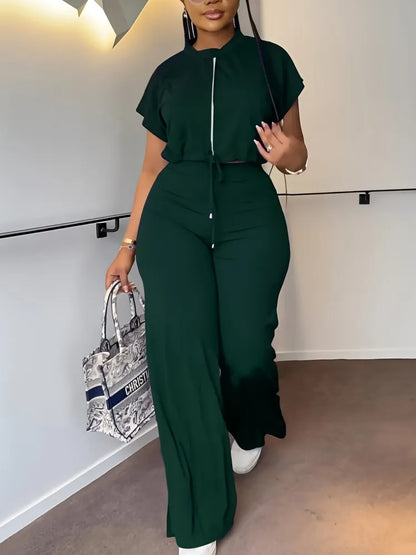 Women Casual Short Sleeve Drawstring Top and High Waist Pants Set