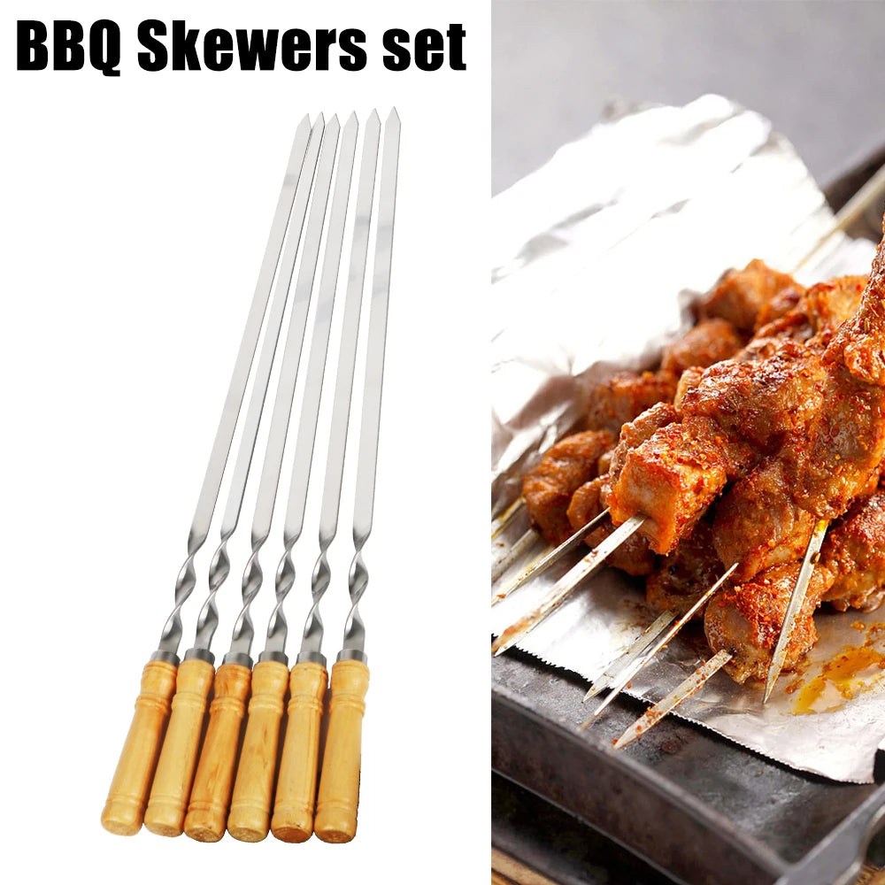 6Pcs Stainless Steel BBQ Skewers with Wooden Handle 55cm