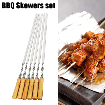 6Pcs Stainless Steel BBQ Skewers with Wooden Handle 55cm
