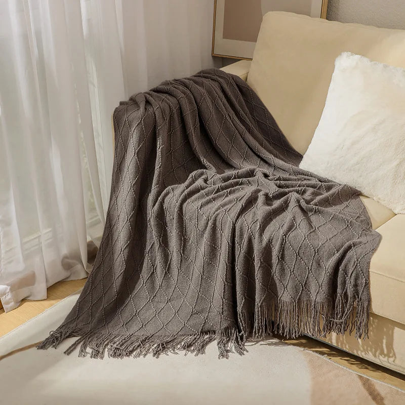 Khaki Knitted Acrylic Blanket with Tassels