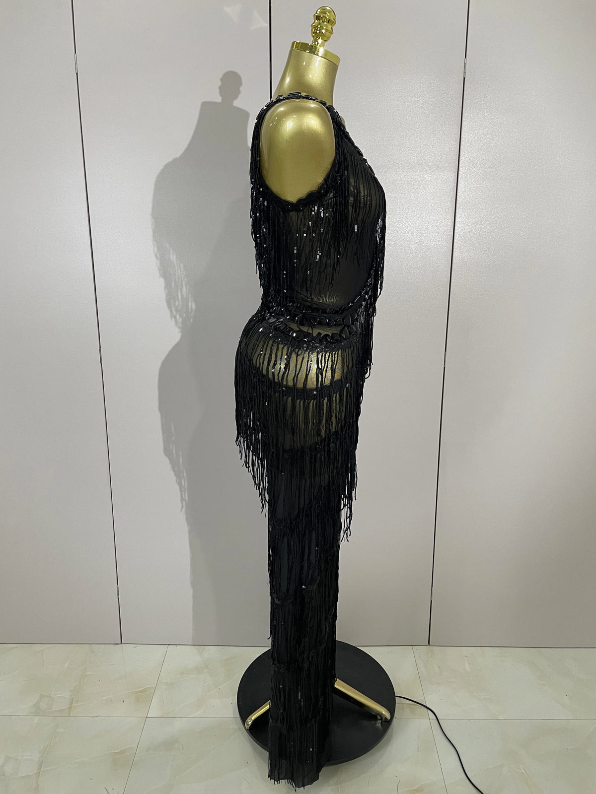 Sparkly Black Rhinestone Fringe Jumpsuit for Women