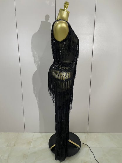 Sparkly Black Rhinestone Fringe Jumpsuit for Women