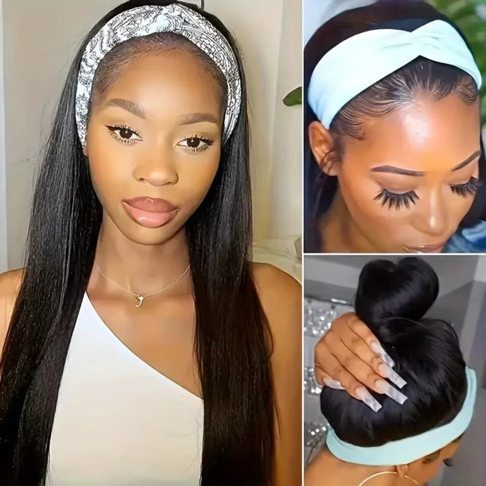 Human Hair Straight Headband Wig Natural Black 180% Density
