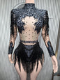 Rhinestone Tassel Elastic Bodysuit for Women