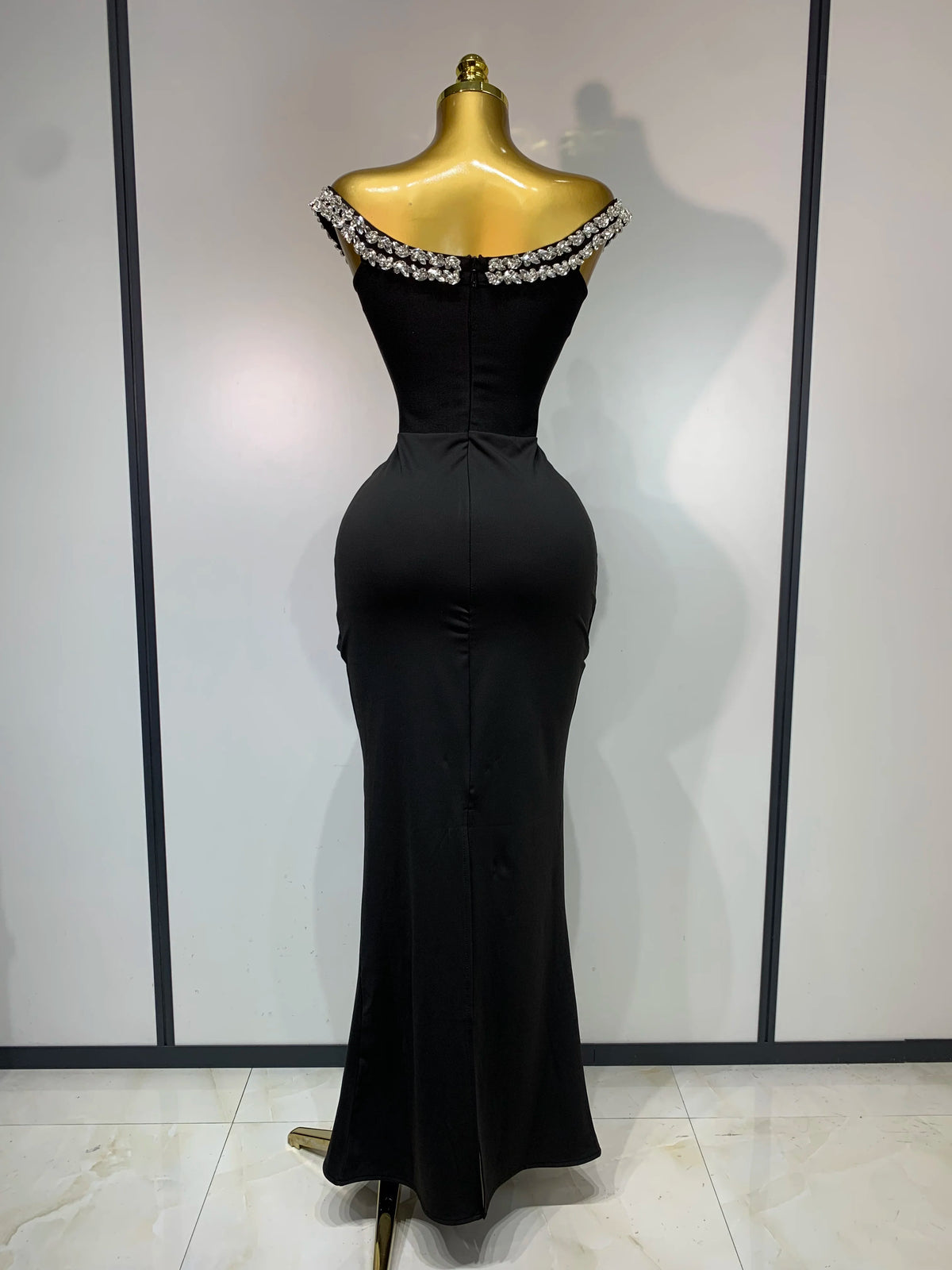 Black Off Shoulder Bodycon Dress with Diamonds