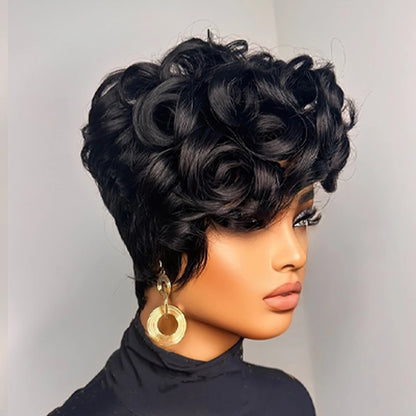 1B Pixie Cut Human Hair Wig Loose Curly Bangs 6 Inch