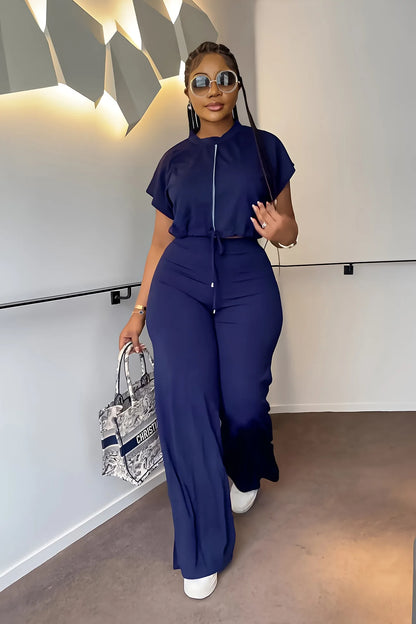 Women Casual Short Sleeve Drawstring Top and High Waist Pants Set