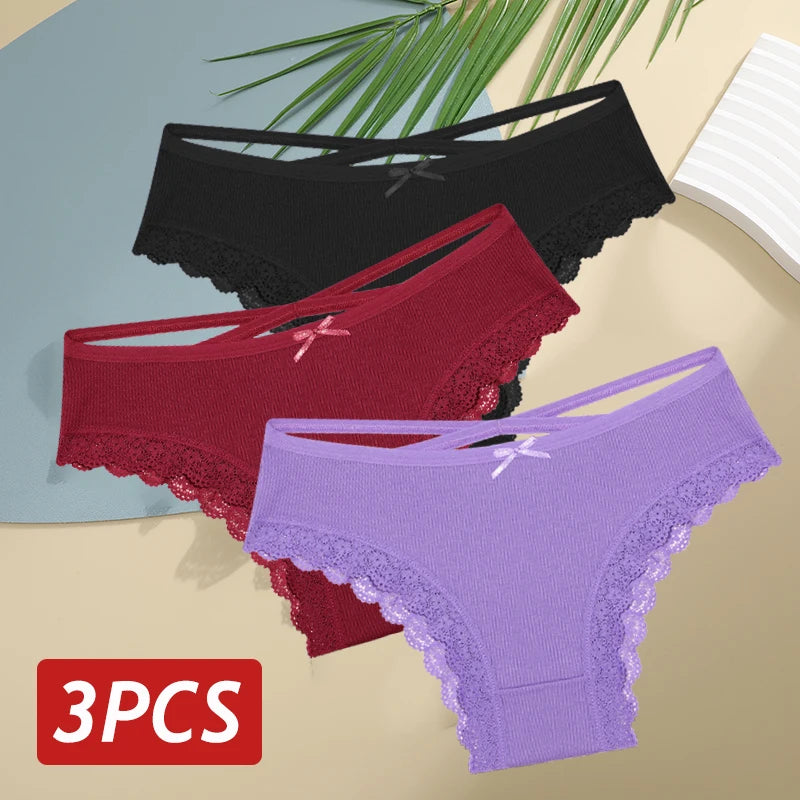 3PCS Women Cotton Lace Brazilian Panties Set S-XL